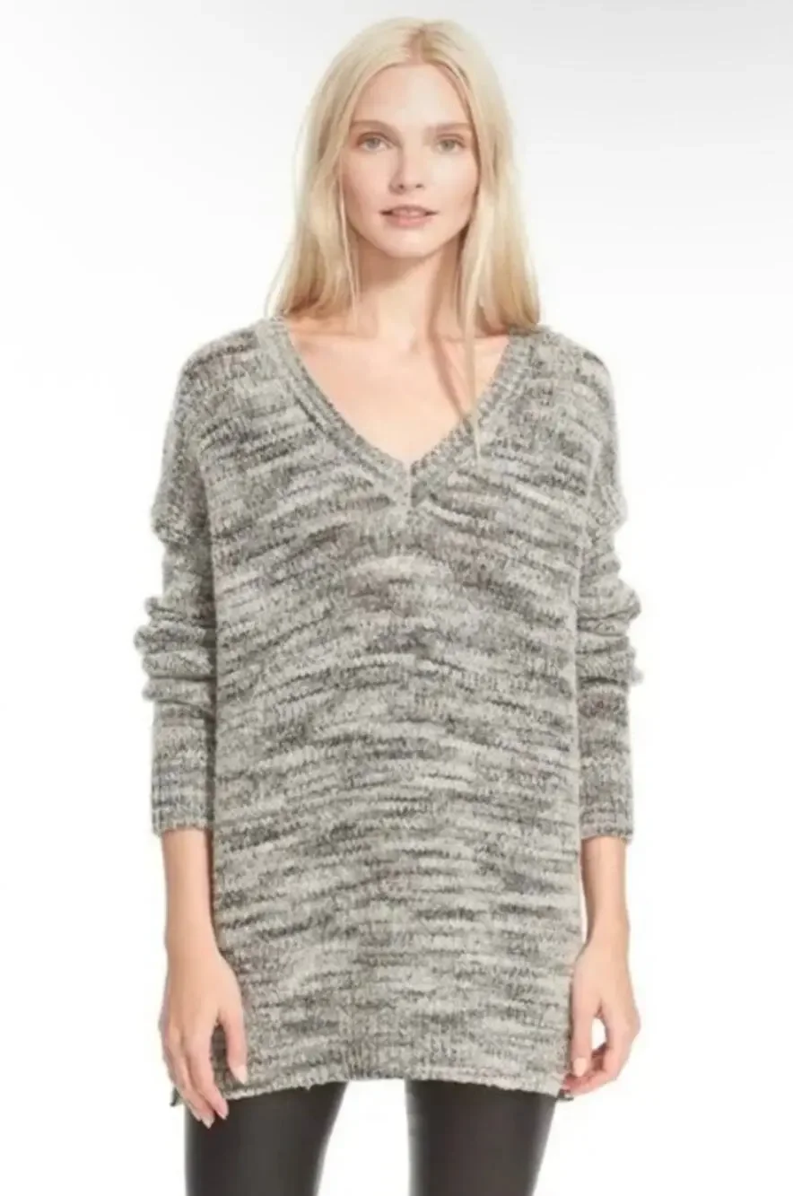 Vince Wool-Silk Oversized Drop-Shoulder V-Neck Space-Dye Knit Cozy Sweater - Med